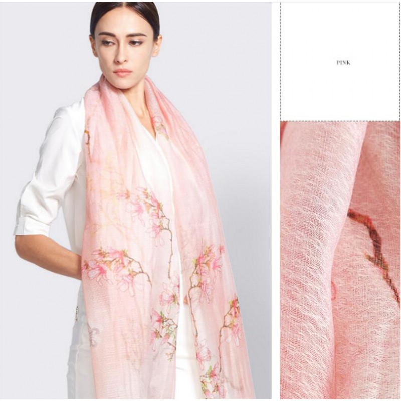 Wool Silk Scaves Beige Embroidery Women Summer Scarf